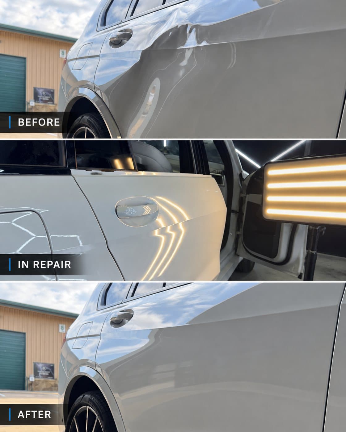 Grey sedan rear door before, in repair, and after