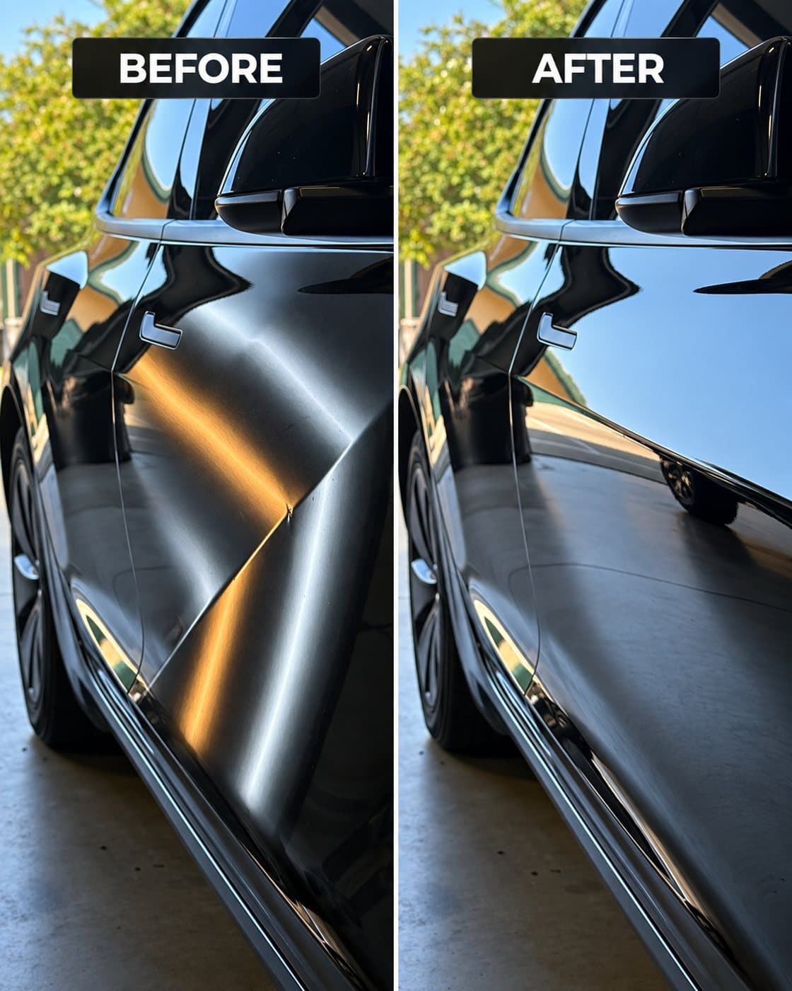 Black vehicle door crease before and after dent repair