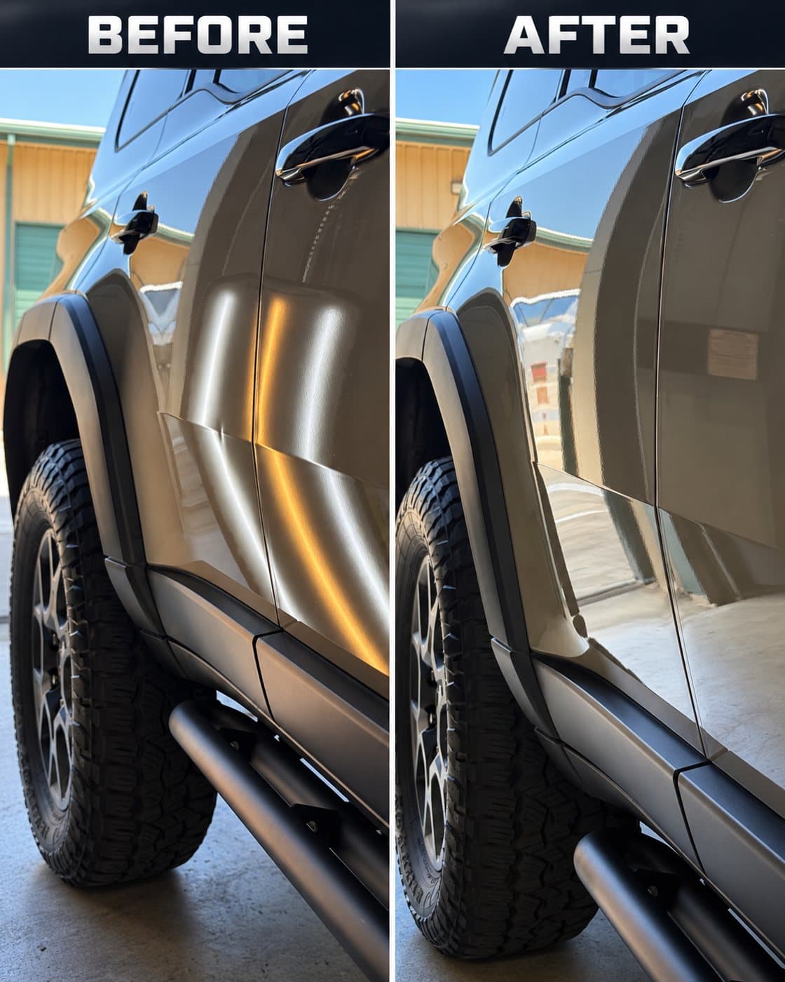 Truck door before and after paintless dent repair