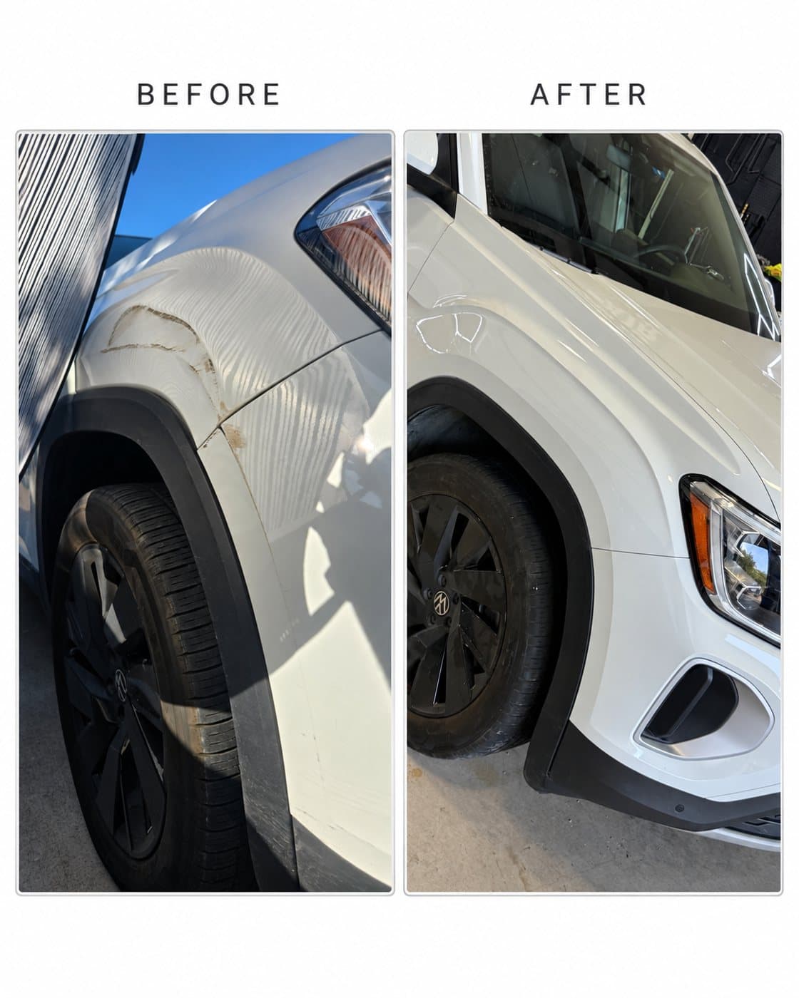 White SUV fender before and after paintless dent repair